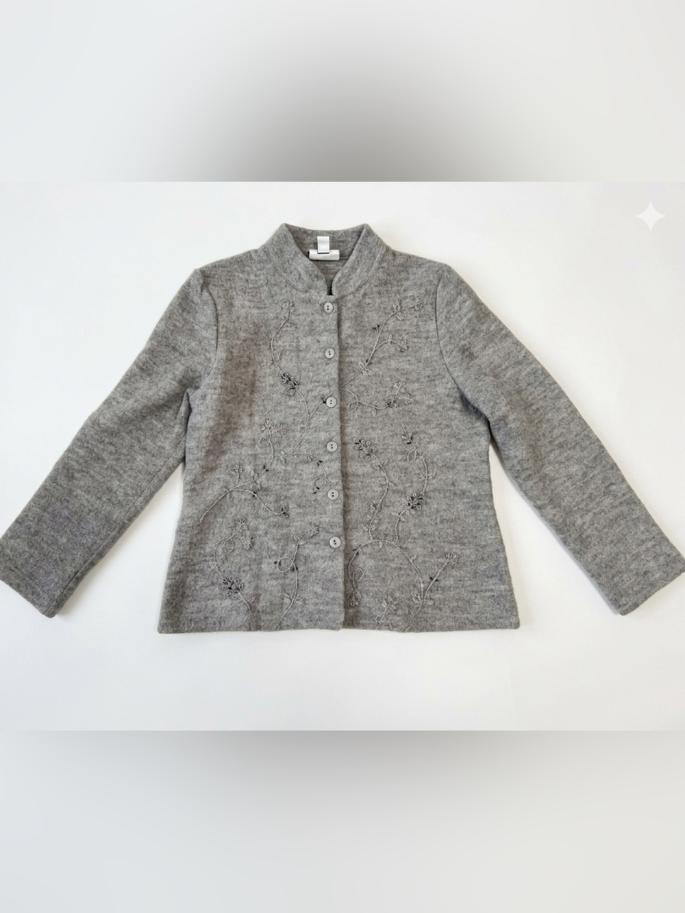 Vintage The Tog Shop Grey Wool Floral Embroidered Button Front Cardigan embelish